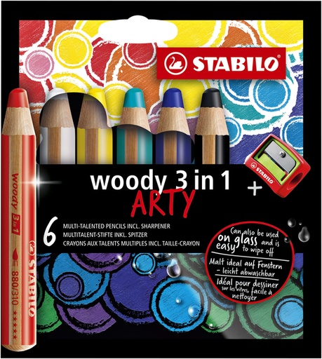 [640442] Kleurpotloden STABILO 880 woody 3 in 1 Arty inclusief puntenslijper assorti etui à 6 stuks