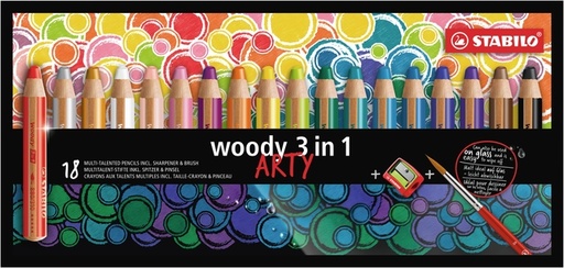 [640439] Crayon de couleur STABILO Woody 880 3-en-1 Arty + taille-crayon + pinceau assorti 18 pièces