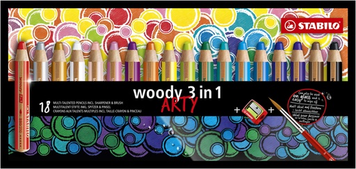 [640439] Kleurpotloden STABILO 880 woody 3 in 1 Arty incl puntenslijper en penseel assorti etui  à 18 stuks