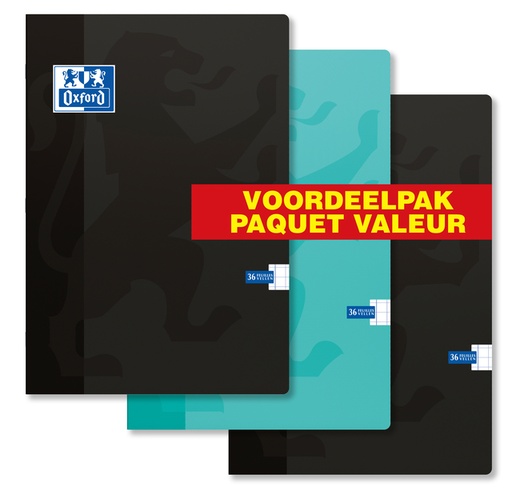 [011161] Schrift Oxford School A4 ruit 10x10mm 72 pagina's 80gr assorti pak à 3 stuks
