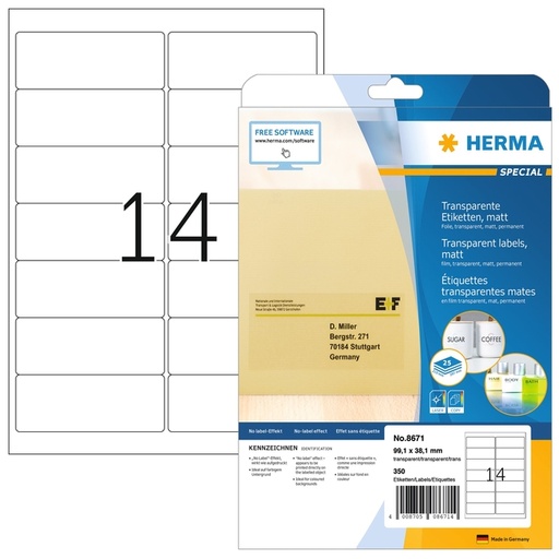 [1000121] Etiket HERMA 8671 A4 99.1x38.1mm folie transparant mat 350st