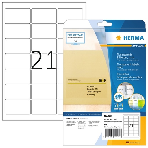 [1000120] Etiket HERMA 8670 A4 63.5x38.1mm folie transparant mat 525 stuks