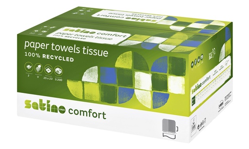 [1000054] Essuie-main Satino PT3 Comfort 277190 2 épaisseurs Pli-V 250x230mm blanc 20x 160 feuilles