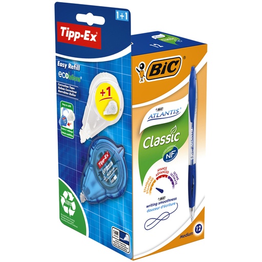 [1000329] Stylo bille BIC Atlantis + Tipp-ex Easy gratuit Medium bleu boîte 12 pièces