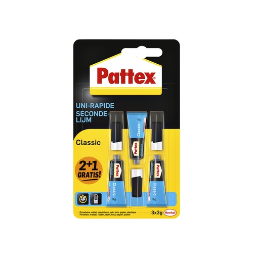 [1000182] Secondelijm Pattex classic 3 gram blister 2+1 gratis