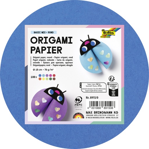 [1386923] Origami papier Folia 70gr rond 15cm 100 vel assorti kleuren