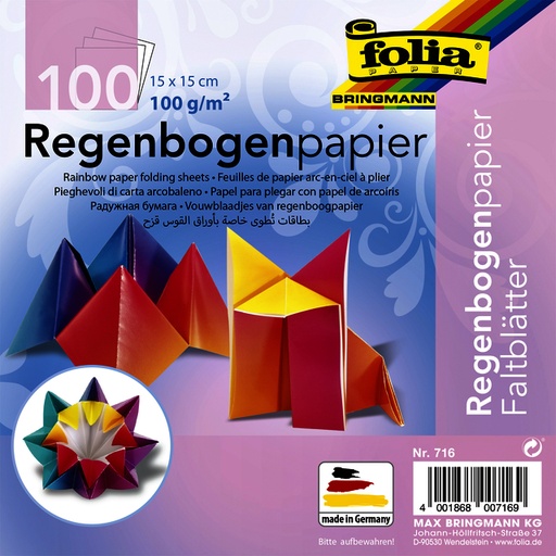 [1386924] Vouwblaadjes Folia 100gr 15x15cm 100 vel regenboog