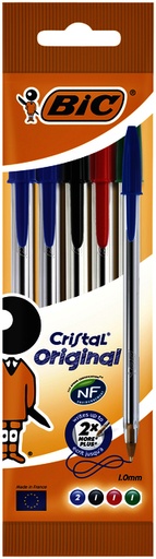 [1387122] Stylos bille BIC Cristal Medium assorti blister 5 pièces