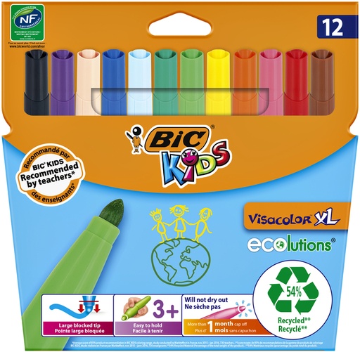 [630077] Feutre BIC Kids Visacolor ECOlutions XL assorti étui 12 pièces