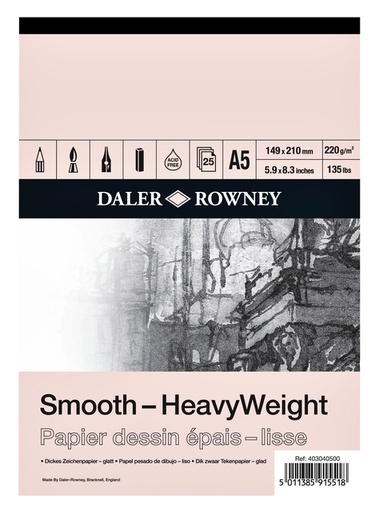 [1387092] Papier dessin Daler Rowney épais lisse 220g A5 25 feuilles blanc