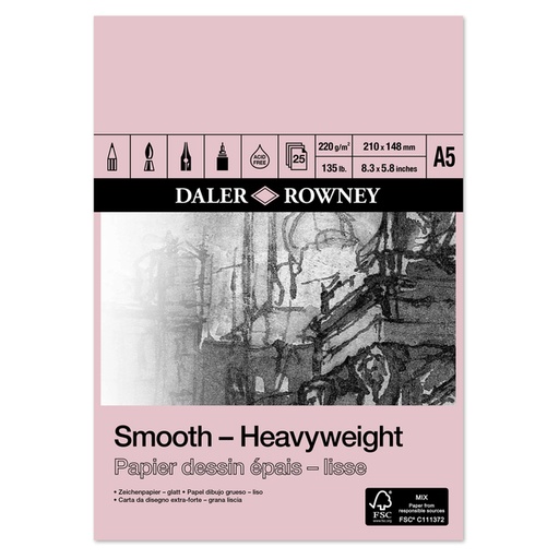 [1387092] Papier dessin Daler Rowney épais lisse 220g A5 25 feuilles blanc