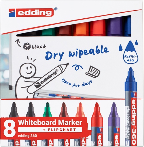 [1388260] Marqueur tableau blanc edding 360 ogive 1,5-3mm assorti set 8 pièces