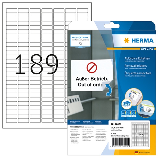 [1388574] Etiket HERMA 10001 A4 25.4x10mm verwijderbaar wit 4725 stuks