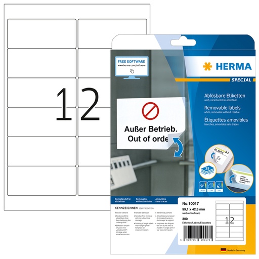 [1388578] Etiket HERMA 10017 A4 99.1x42.3mm verwijderbaar wit 300 stuks