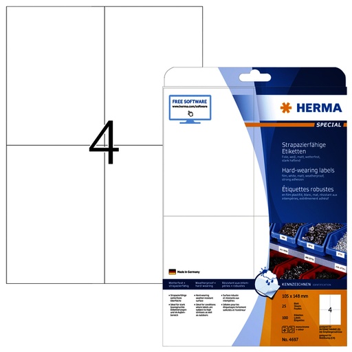 [1388582] Etiquette HERMA 4697 105x148mm A4 résistante aux intempéries blanc