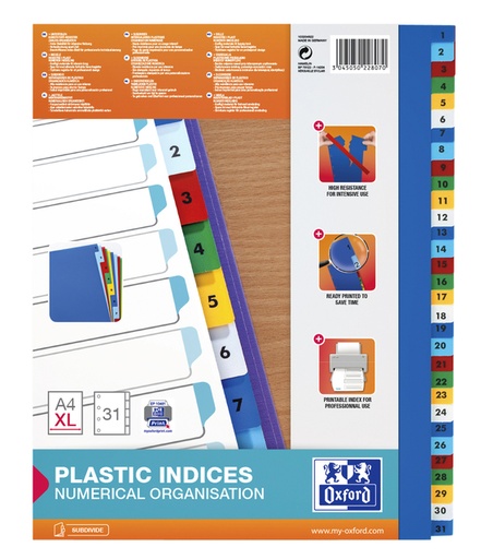 [1388472] Intercalaire Oxford A4+ 11 perforations 1-31 PP couleur