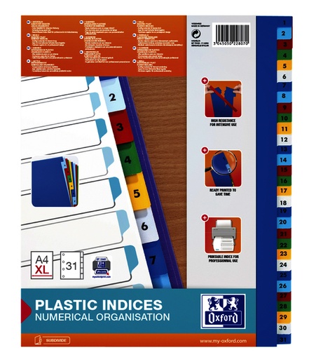 [1388472] Intercalaire Oxford A4+ 11 perforations 1-31 PP couleur