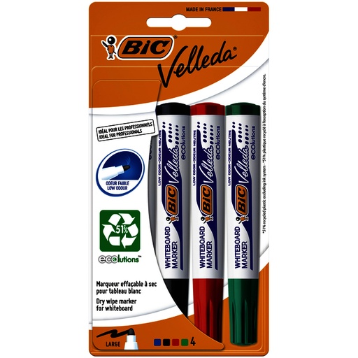 [1388092] Feutre tableau blanc BIC Velleda 1704 ogive Large assorti blister 4 pièces