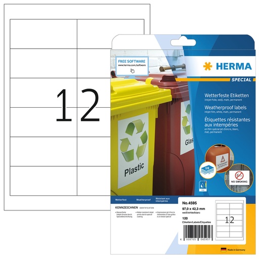 [1388789] Etiket HERMA 4595 97x42.3mm folie wit 120 stuks