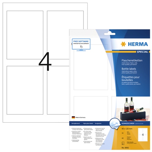 [1388790] Etiket HERMA flessen 8882 90x120mm A4 glossy wit 40stuks