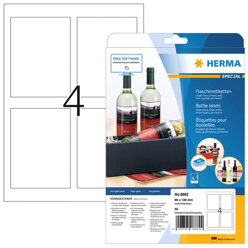 [1388790] Etiket HERMA flessen 8882 90x120mm A4 glossy wit 40stuks