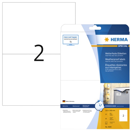 [1388791] Etiket HERMA 4600 210x148mm folie wit 20stuks