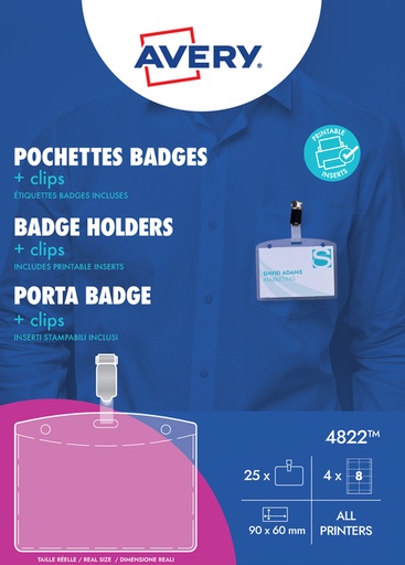 [1388690] Badge à clip Avery 4822 60x90mm 25 pièces + 32 cartes à insérer