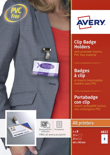 [1388690] Badge à clip Avery 4822 60x90mm 25 pièces + 32 cartes à insérer