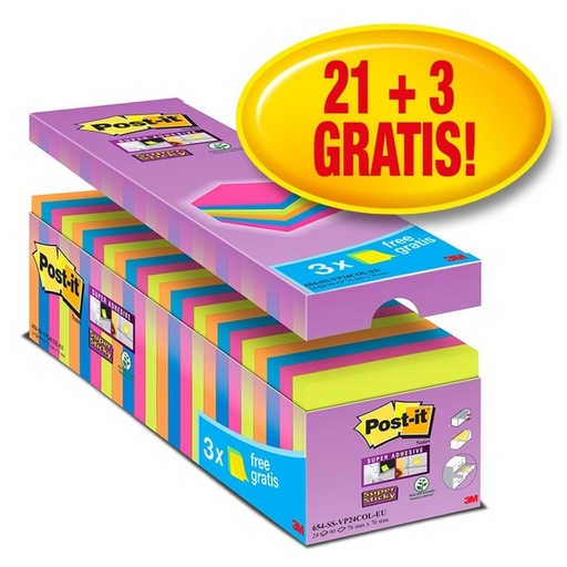 [1391525] Memoblok Post-it 654 Super Sticky 76x76mm 21+3 gratis assorti