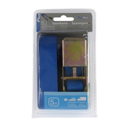 [1391748] Sangle d'arrimage ProPlus avec tendeur à cliquet et 2 crochets 5m bleu