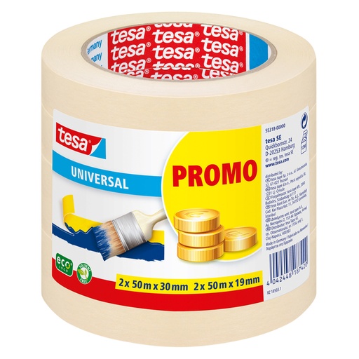 [1396961] Afplaktape tesa® Economy 2x 50mx30mm, 2x 50mx19mm promopack