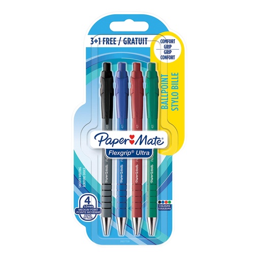 [1396773] Stylo bille Paper Mate Flexgrip Ultra blister 3+ 1 gratuit assorti