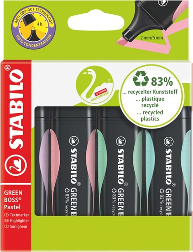 [1391678] Surligneur Stabilo GREEN BOSS 6070/4 pastel assorti étui 4 pièces