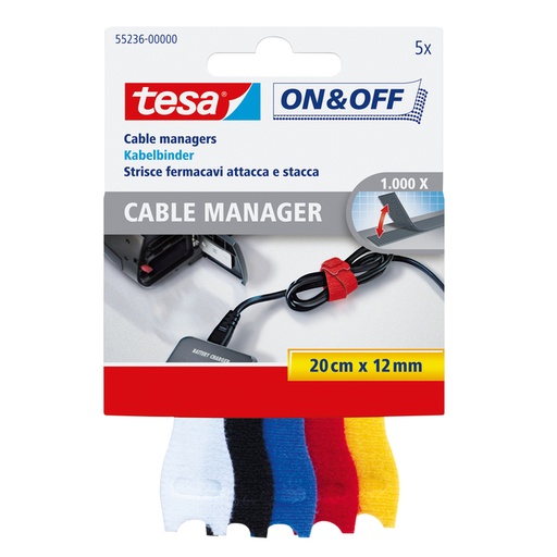 [1396967] Manager cables tesa® On & Off 12mmx20cm assorti 5 pièces