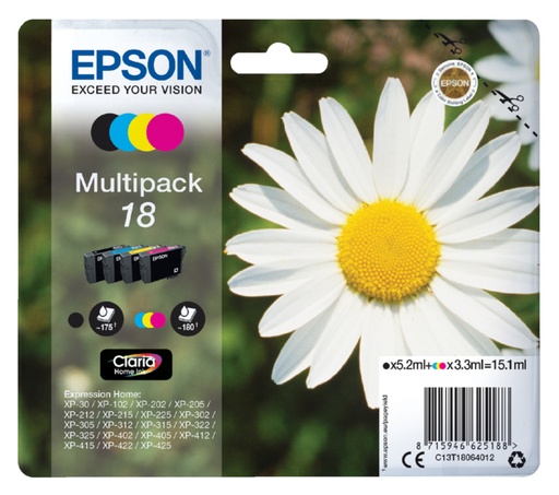 [402514] Cartouche d’encre Epson 18 T1806 noir + 3 couleurs