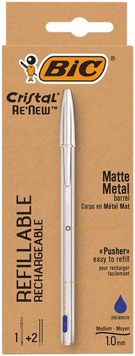 [1400269] Balpen Bic Cristal Re-new medium blauw blister à 1 balpen + 2 vullingen