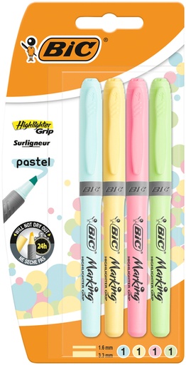 [1400271] Surligneur BIC Grip pastel assorti blister 4 pièces