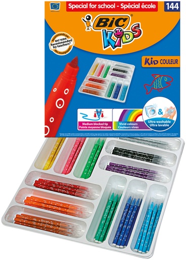 [1399090] Feutre BIC Kid Couleur Medium assorti boîte scolaire 144 pièces