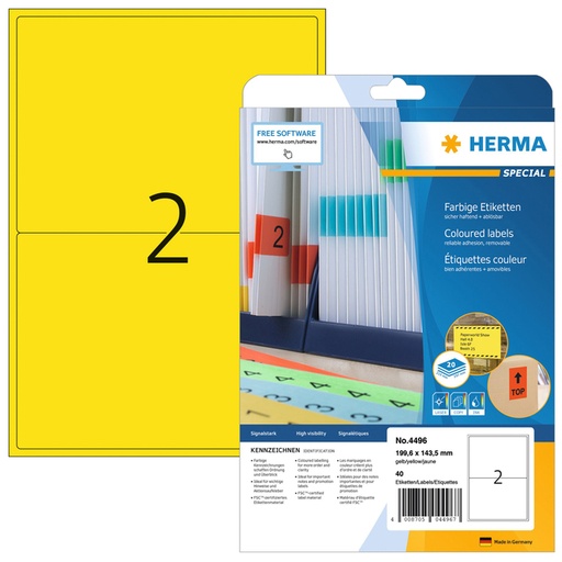[1399818] Etiquette HERMA 4496 199,6x143,5mm 40 pièces jaune