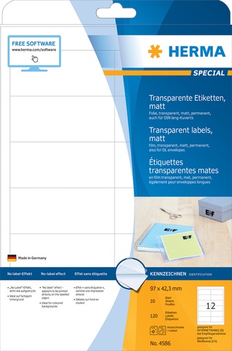 [1399819] Etiket HERMA 4586 97x42.3mm weerbestendig transparant mat 120 stuks