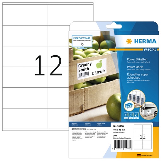 [1399820] Etiquette HERMA Power 10908 105x48mm blanc 300 pièces