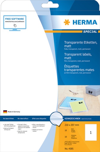 [1399821] Etiquette HERMA 4585 210x297mm résiste aux intempéries transparent mat 10 pièces