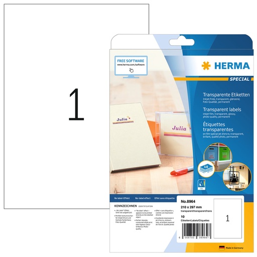 [1399823] Etiquette HERMA 210x297mm transparente brillante 10 pièces