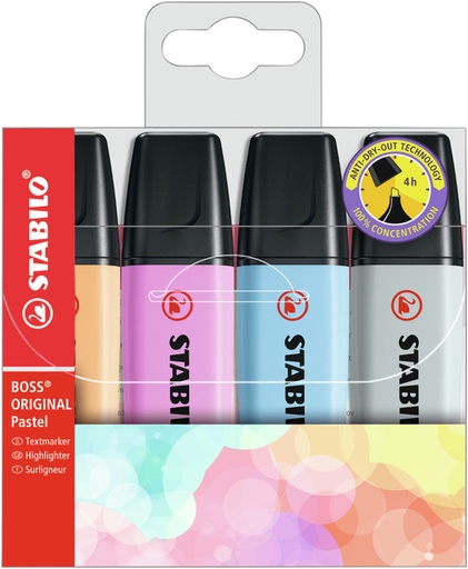 [1400391] Markeerstift STABILO BOSS Original 70/4 pastel incl grijs assorti etui à 4 stuks