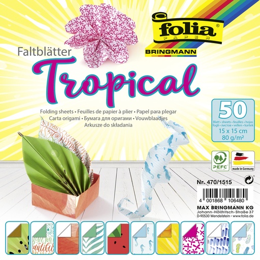 [1400519] Papier à plier Folia double-face 80g 15x15cm 50 feuilles 10 design tropical