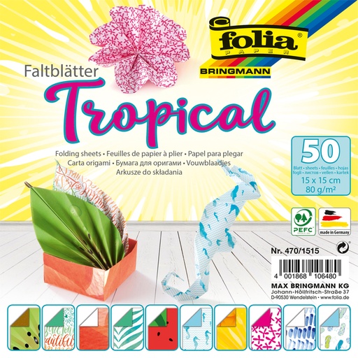 [1400519] Vouwblaadjes Folia 80gr 15x15cm 50 vel 2-zijdig 10 tropical designs