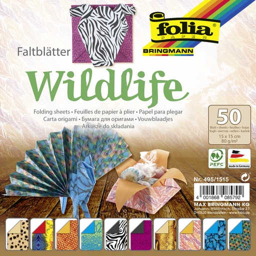 [1400520] Papier à plier Folia double-face 80g 15x15cm 50 feuilles 10 design Wildlife