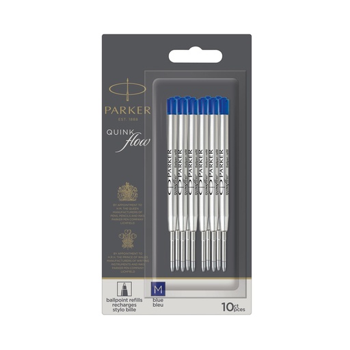 [1402056] Recharge stylo bille Parker Quinkflow Medium bleu blister 10 pièces