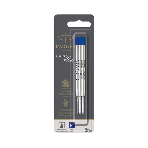 [1402062] Recharge stylo bille Parker Quinkflow Medium bleu blister 3 pièces
