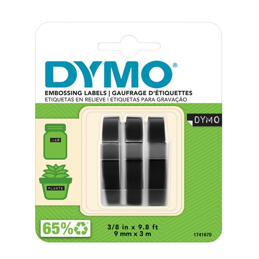 [1404635] Reliëftape Dymo embossing plastic 9mm zwart op wit 3 stuks